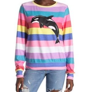 Wildfox Rainbow Stripe Whale Print Knit Pullover